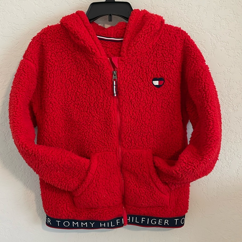 Tommy Hilfiger Logo Sweatshirt Fleece Hoodie With Full Zip Front Pockets Girls